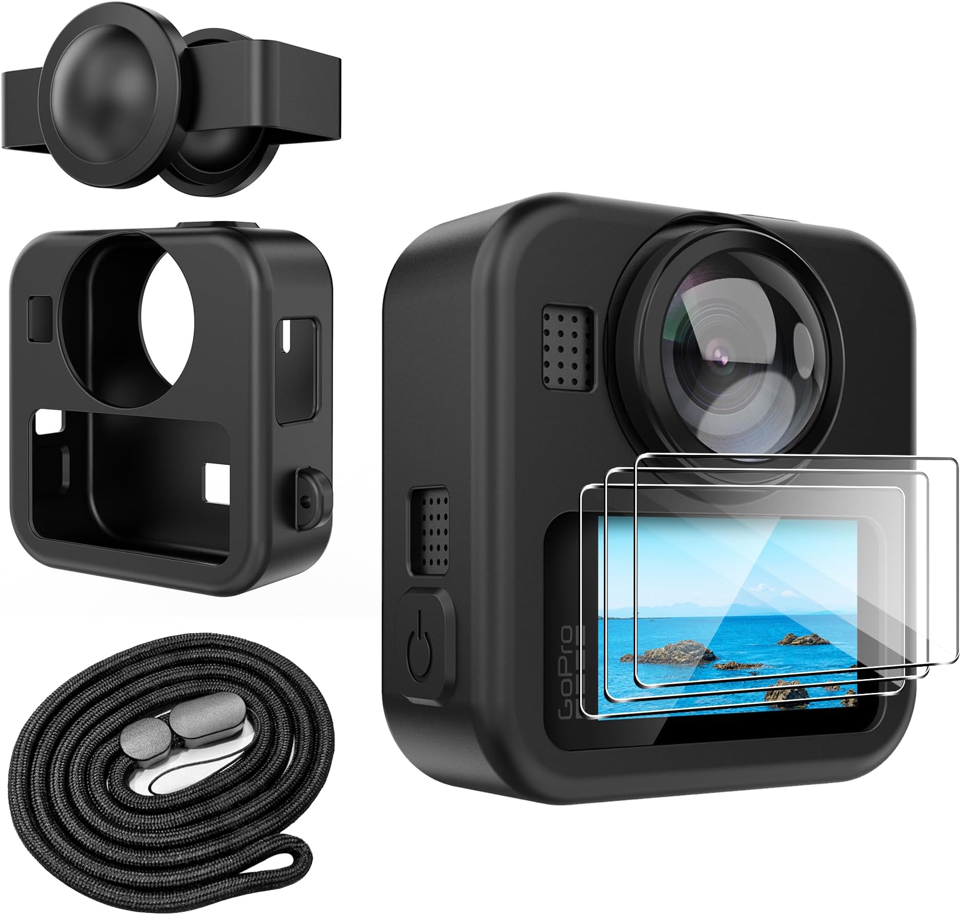 Lemxiee Flexible silicone case for GoPro MAX2 case Accessories [3 Pack] Tempered Glass for GoPro MAX 2 Screen Protector Black