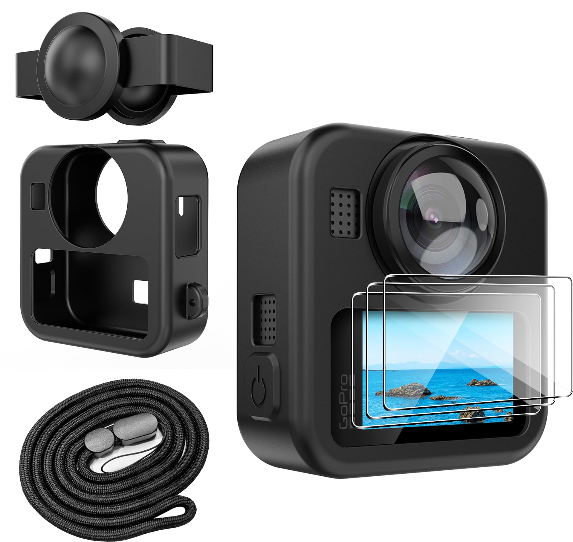 Lemxiee Coque pour GoPro MAX2 Case + [3 Pièces] Protecteur d'écran Verre Trempé pour GoPro Max 2 Accessoire