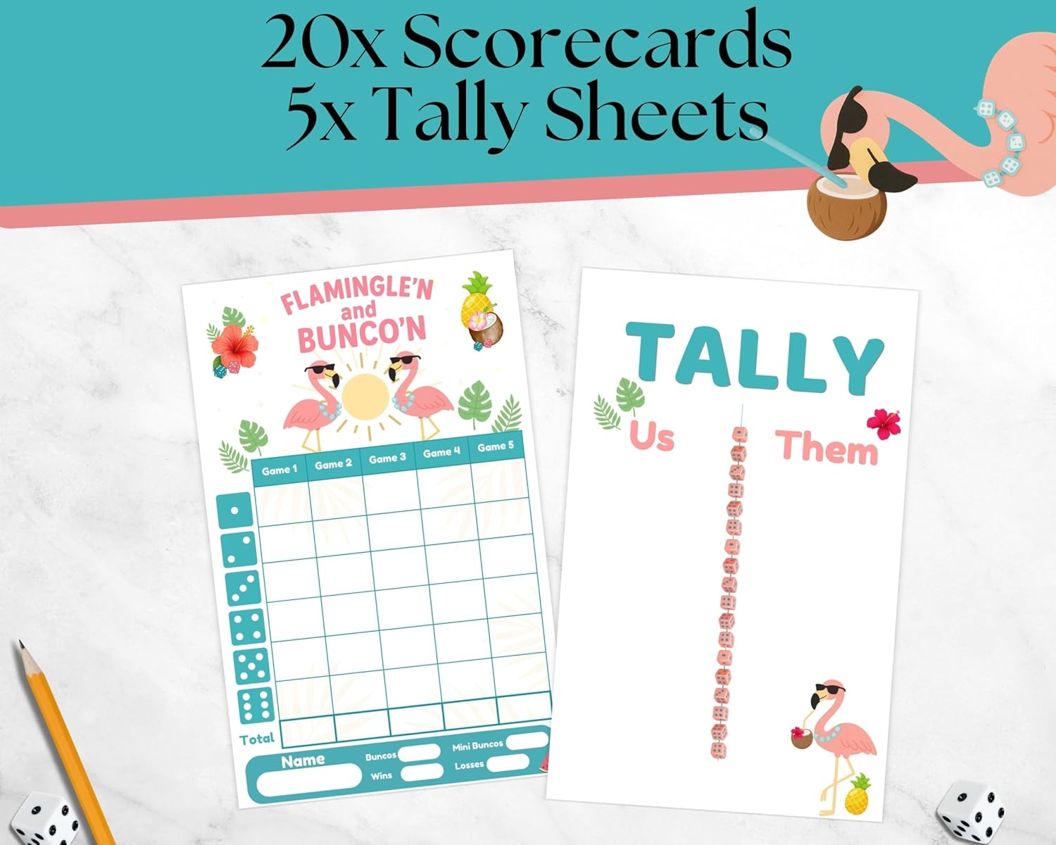 Summer Bunco Game Set – Tropical Flamingo Theme with Scorecards, Tally Sheets, Table Cards & Ghost Player – Fun Dice Game Kit for Adults, Pool Parties & Girls Night