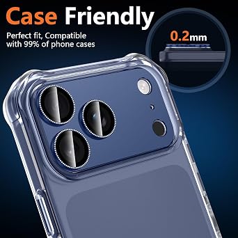 iPhone 17 Pro Max用カメラレンズプロテクター、軍用グレードの飛散防止 強力な吸着 ケースフレンドリー フルカバー メタル アルミニウム合金 9H 強化ガラスカメラスクリーンカバー、ネイビーブルー