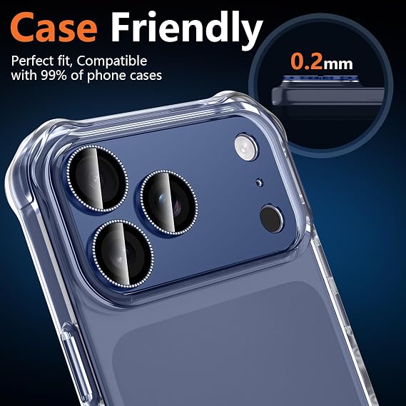 iPhone 17 Pro Max用カメラレンズプロテクター、軍用グレードの飛散防止 強力な吸着 ケースフレンドリー フルカバー メタル アルミニウム合金 9H 強化ガラスカメラスクリーンカバー、ネイビーブルー