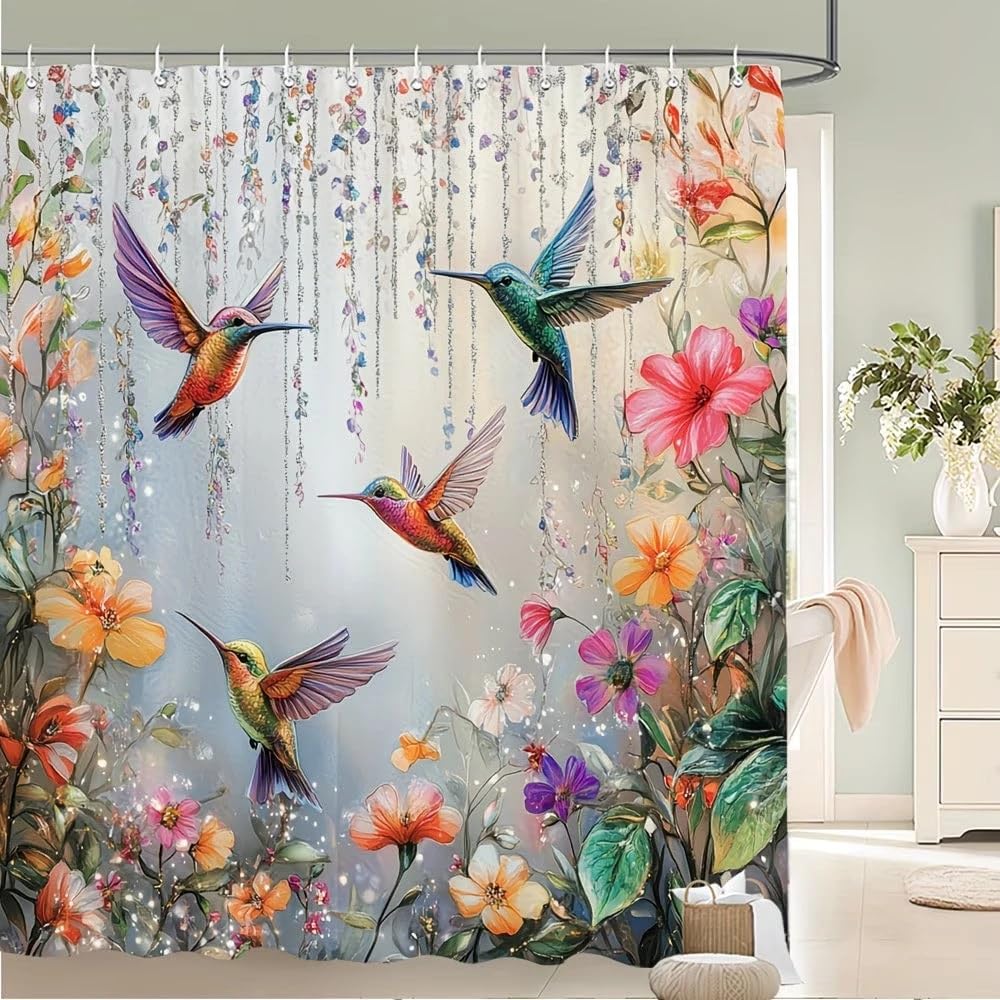 GLKSDLPO Watercolor Hummingbird Floral Shower Curtain - Colorful Spring Flowers & Hummingbirds Bathroom Curtain Bathroom Decor(120x150cm/47x59in(WxH)