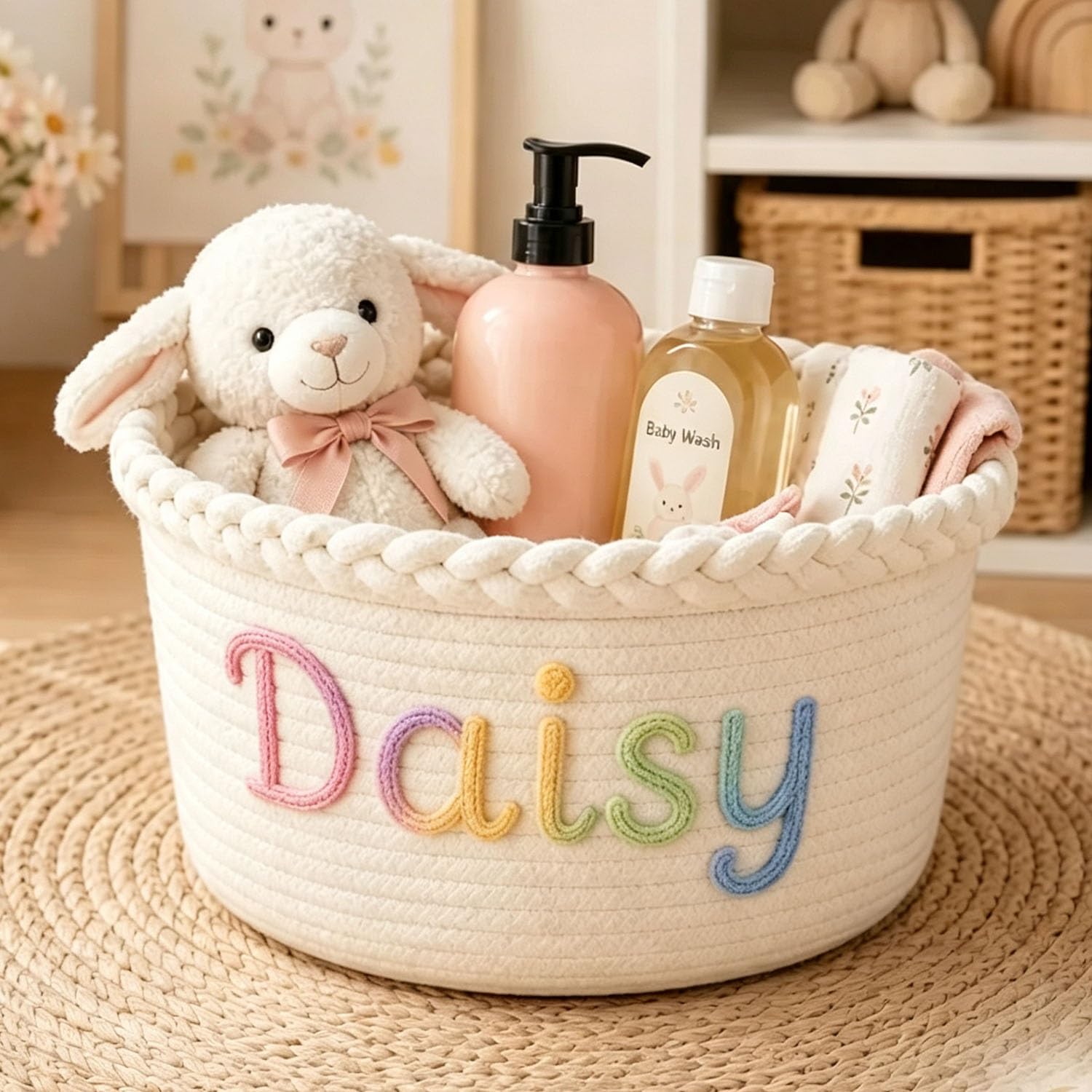 Personalised Cotton Basket, Nursery Decor For Newborns