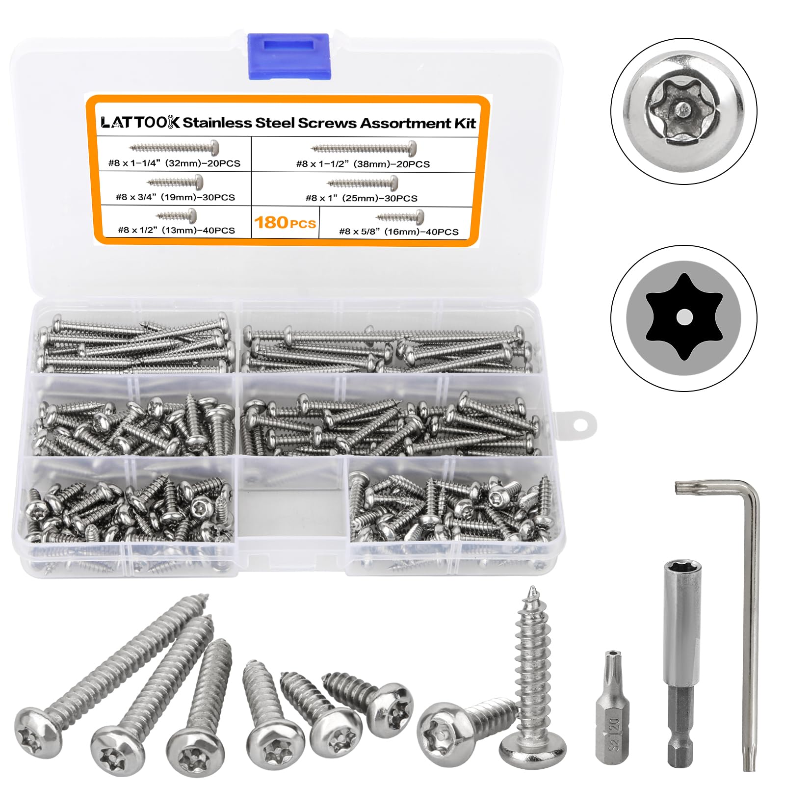 LATTOOK 180Pcs #8 Torx Security Screws 304 Stainless Steel Button Head Torx Sheet Metal Screws Security Anti-Theft Tamper Proof Self-Tapping Screws