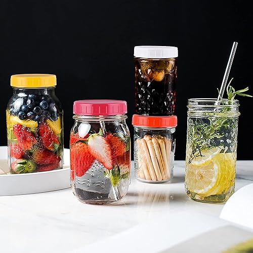 Miniatura 5 de Pizga Tapas de plástico para tarros de masón, boca regular y ancha, tapa de almacenamiento a prueba de fugas, reutilizable, juego multicolor de 16