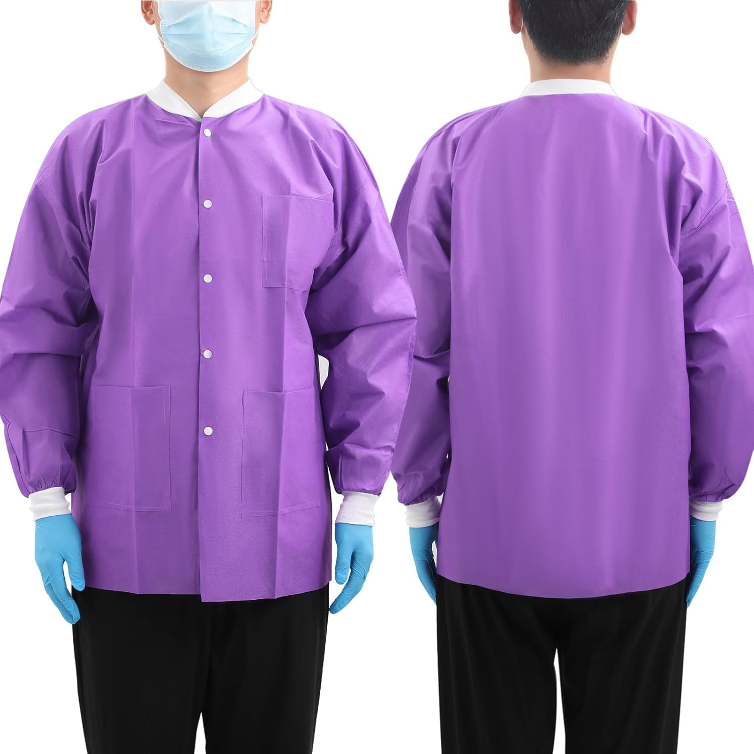 JMU 10-100 Pack Disposable Lab Jackets, SMS Disposable Medical Jackets for Adult, Knit Cuffs Collar, 3 Pockets - Image 2