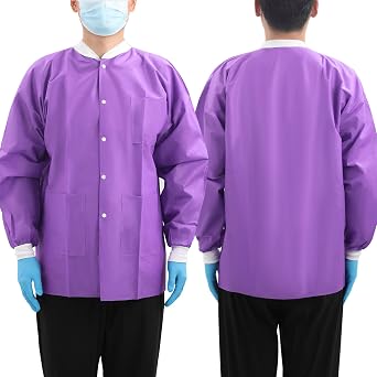 JMU 10-100 Pack Disposable Lab Jackets, SMS Disposable Medical Jackets for Adult, Knit Cuffs Collar, 3 Pockets