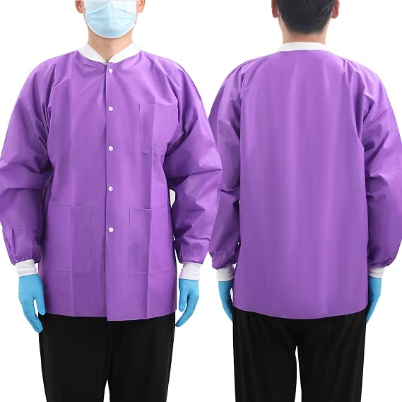 JMU 10-100 Pack Disposable Lab Jackets, SMS Disposable Medical Jackets for Adult, Knit Cuffs Collar, 3 Pockets