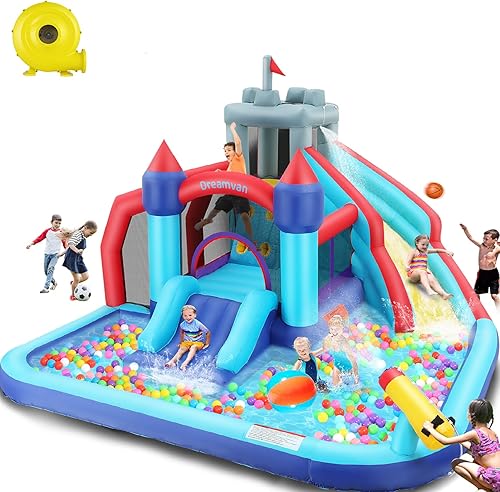 Parque inflable de toboganes acuáticos, toboganes acuáticos inflables para niños, pared de escalada, 2 toboganes, área de chapoteo y trampolín,