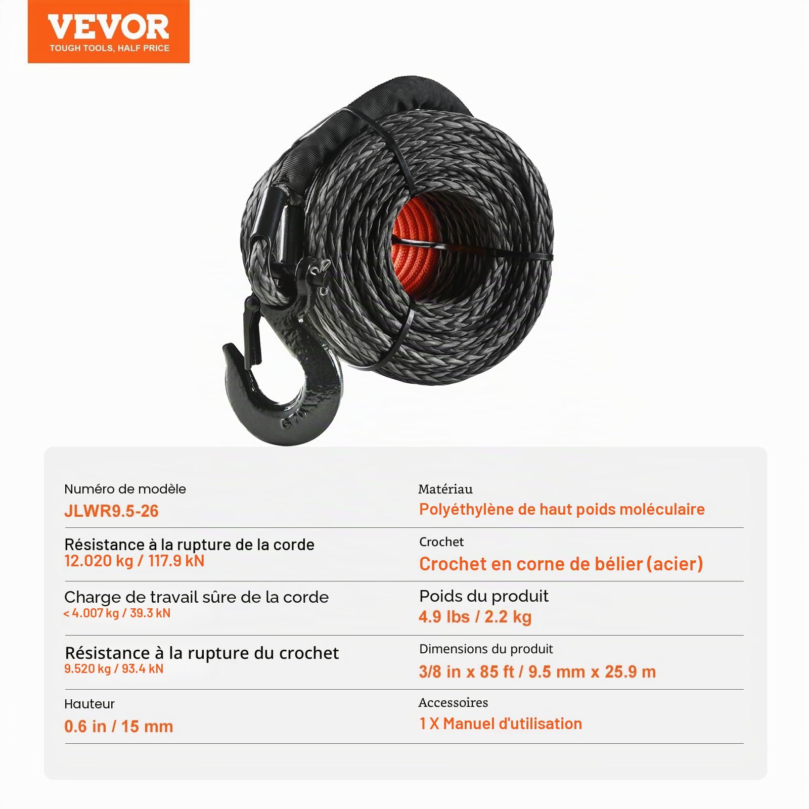 VEVOR Corde de Treuil 9,5 mm x 25,9 m Câble Synthétique Résistance Rupture 117,9 KN avec Manchon de Protection, Crochet de Treuil Forgé, Sangle Traction pour SUV, Grand Véhicule Tout-Terrain, Camion