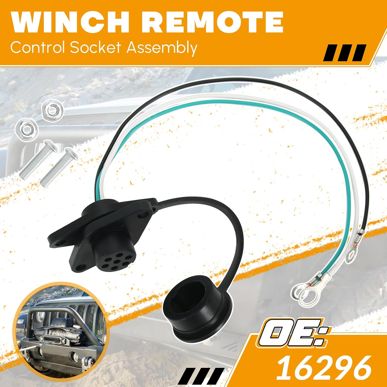 16296 Winch Remote Female Socket Wiring Harness Kit, Compatible with 3-Wire Truck Winches, Replacement for WARN Style Winch Controller Plug, 12V Winch Solenoid Connector