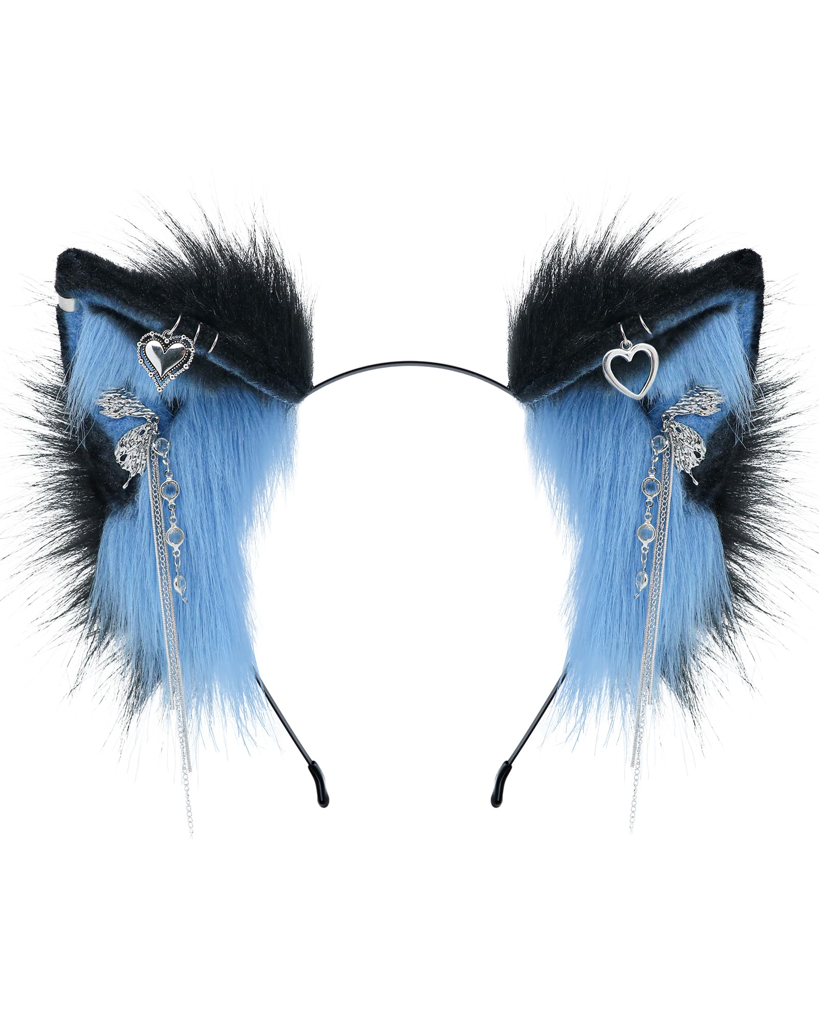 ZFKJERS Handmade Faux Fur Cat Ear Headband with Charms Cosplay Accessory for Halloween (Blue Black)