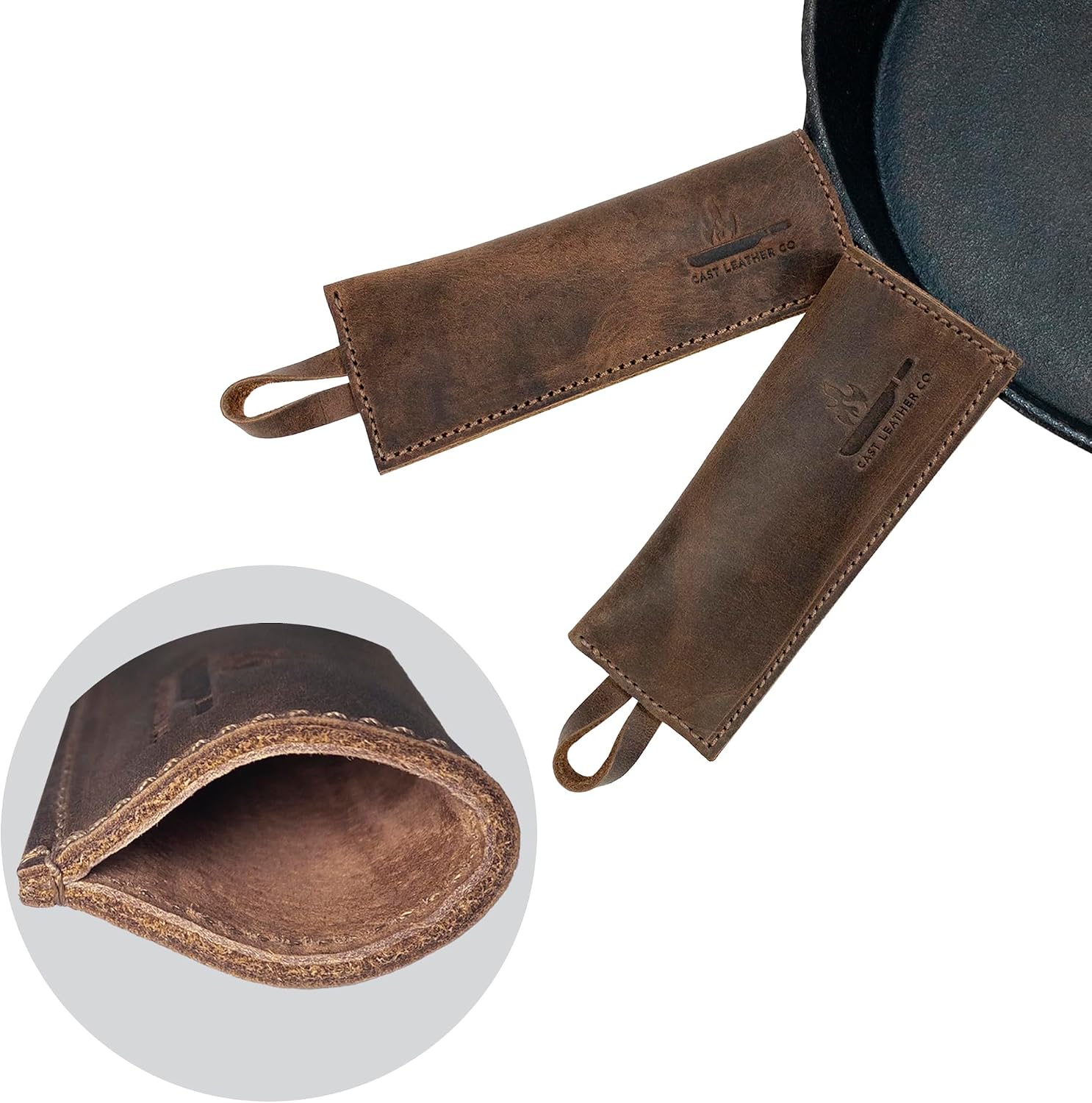 Set of 2 Rectangular Pan Handle Covers, Sleeve for Metal Skillet Grip, Kitchen Accessories, Full Grain Leather, Handmade, Bourbon Brown