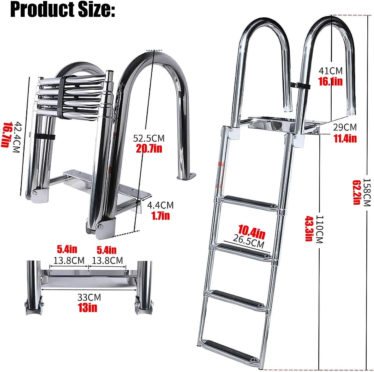 Telescoping Rear Entry Boat Ladder with Install Screw Kit, 4 Step Folding Stainless Upper Platform Pontoon Ladder, for Dock/Swim Pool/Marine (Color : Silver)