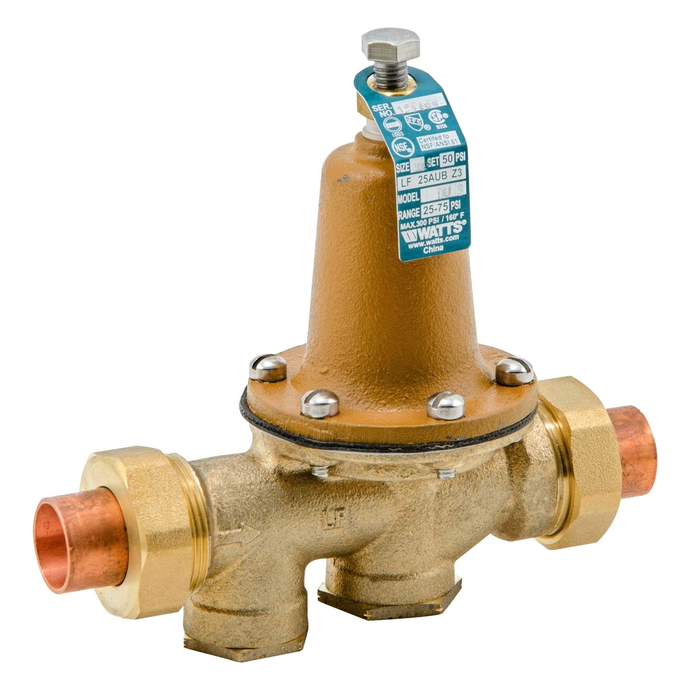 Watts0960006 LF25AUB-S-DU-Z3 3/4 R 3/4 Inch Water Pressure ReducInchg Valve, Double Union, Solder, Polymer Seat, Adjustable 25-75 psi