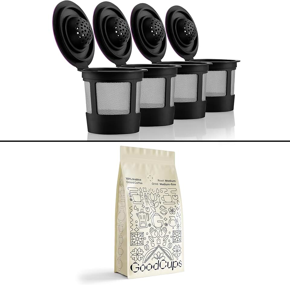 4 Reusable K Cups + 16 oz Ground Coffee by GoodCups – Special Grind for Reusable K-Cups – 100% Arabica Medium Roast & BPA-Free Ref