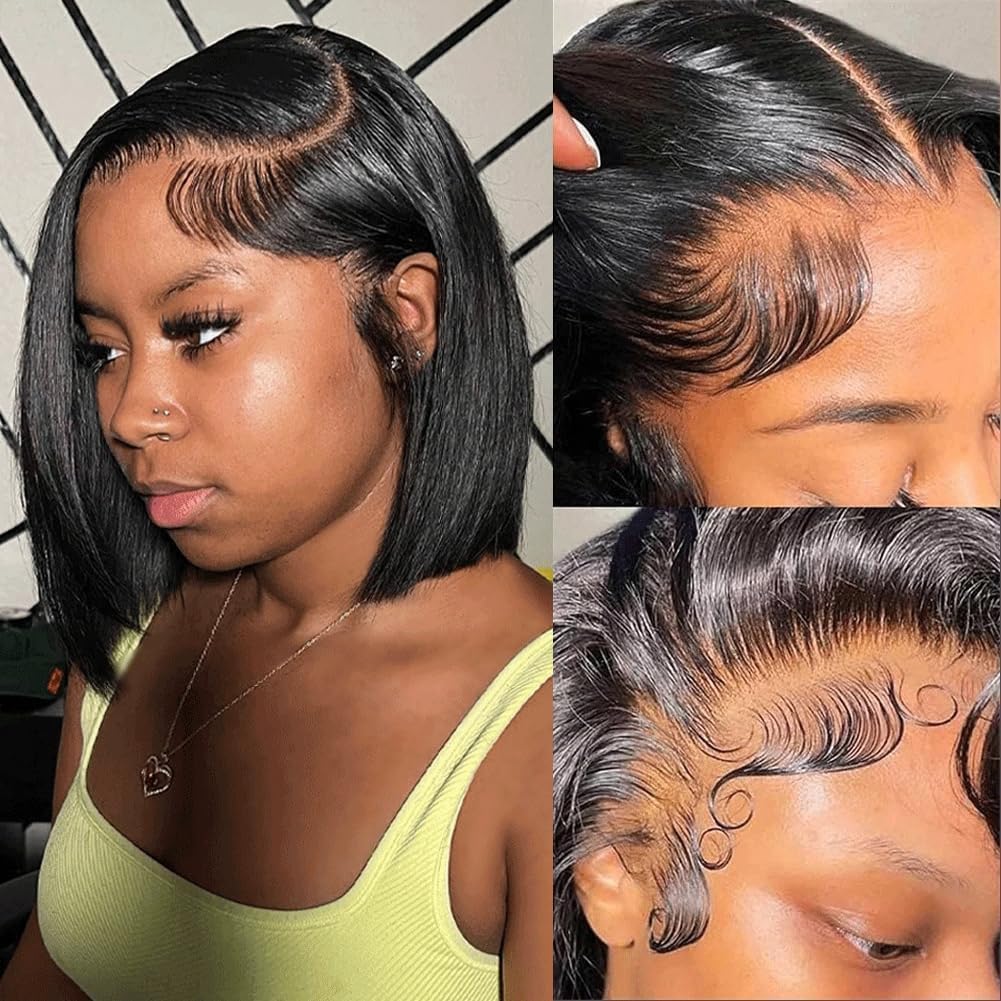 Short Bob Wig Human Hair 13x4 HD Lace Front Wigs for Women 180% Density 100% Brazilian Virgin Straight Bob Human Hair Wig Glueless Pre Plucked Natural Black Color 12 Inch