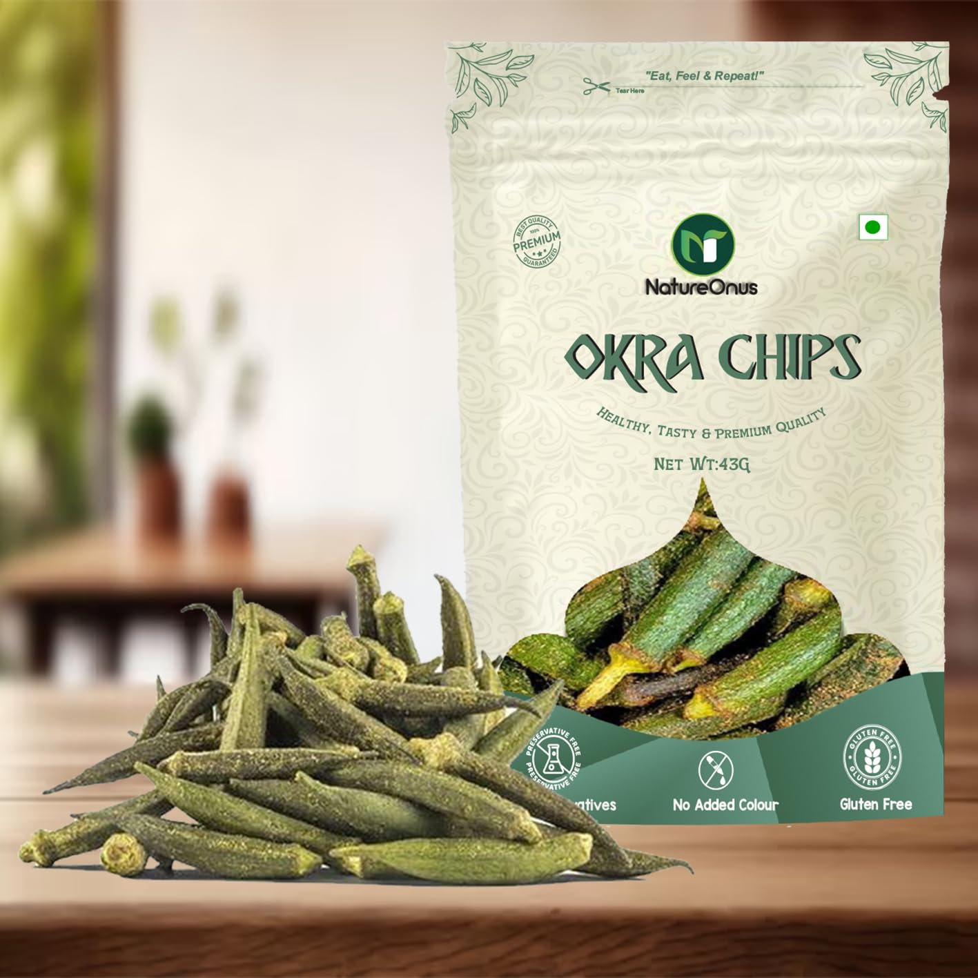 NatureOnus Vacuum Fried Okra Chips 43g - Pack of 3 | High in Protein and Fiber | No Preservatives, No MSG | Zero Trans Fat & Cholesterol | Gluten Free | Crunchy Vacuum Cooked Snack- 129g