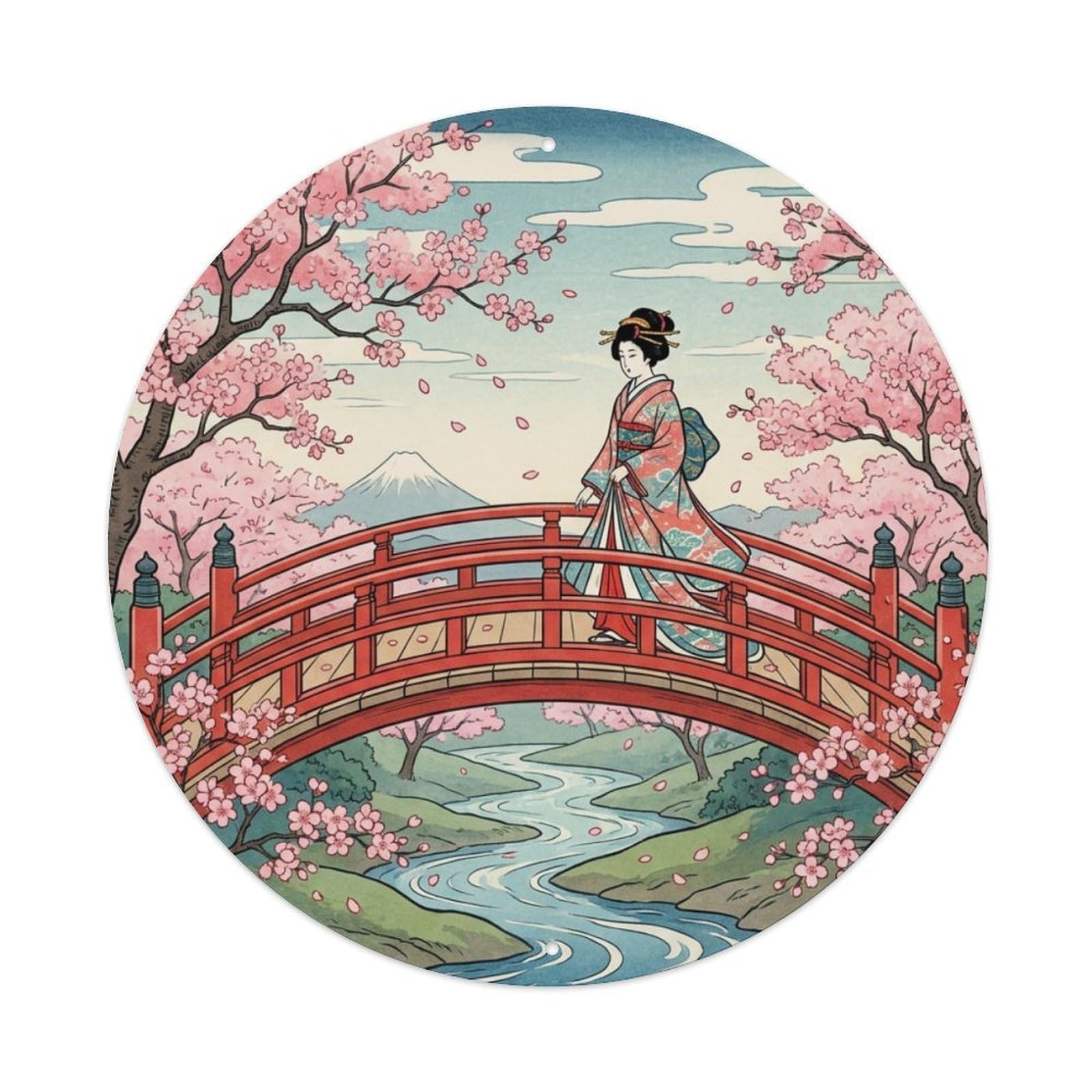 Metal Tin Sign Japanese Geisha Bridge Cherry Blossoms Crossing Ukiyo-e