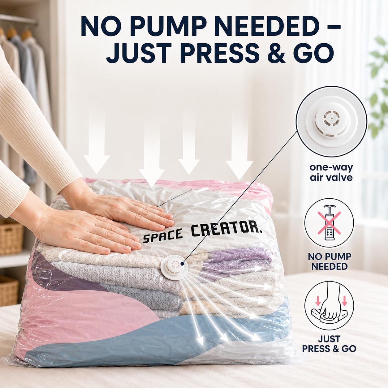4Pcs No Pump Vacuum Storage Bags, Large Better Life Space Bags Cube Capacity Vacuum Bags for Clothes Bedding Comforters Off‑Season Gear (Pink white)