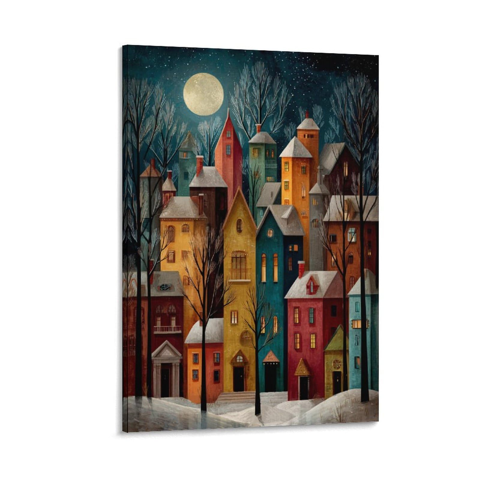 KNZVCXUEH Many Houses Canvas Wall Art Paintings Reproduction Modern Artwork for Bedroom Office Night in The Small Town Giclee Artwork Rectangle 12x18inch(30x45cm)