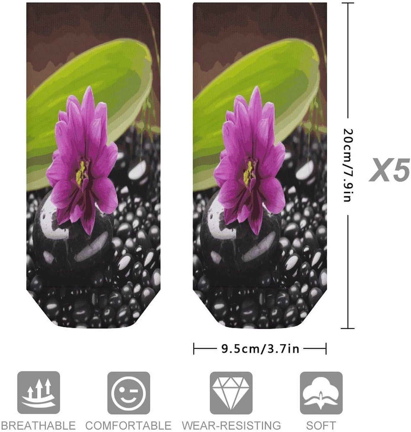 Purple Flower with Black Stone Ankle Socks for Men Women 5 Pairs | Comfortable Casual Low Cut Socks, Lightweight No Show Breathable Athletic Socks, Soft Mini Crew Socks for All Seasons
