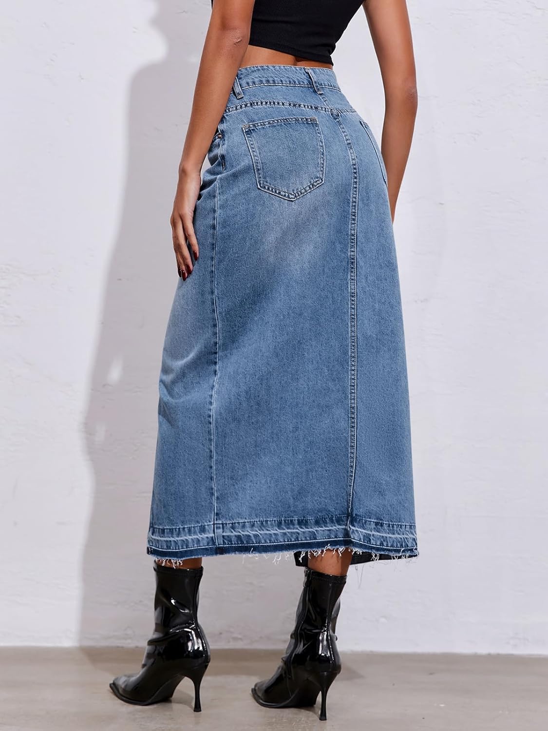 Fisoew Women's Long Denim Maxi Skirts High Waisted Frayed Hem Western Split Jean Skirt Streetwear - Image 4