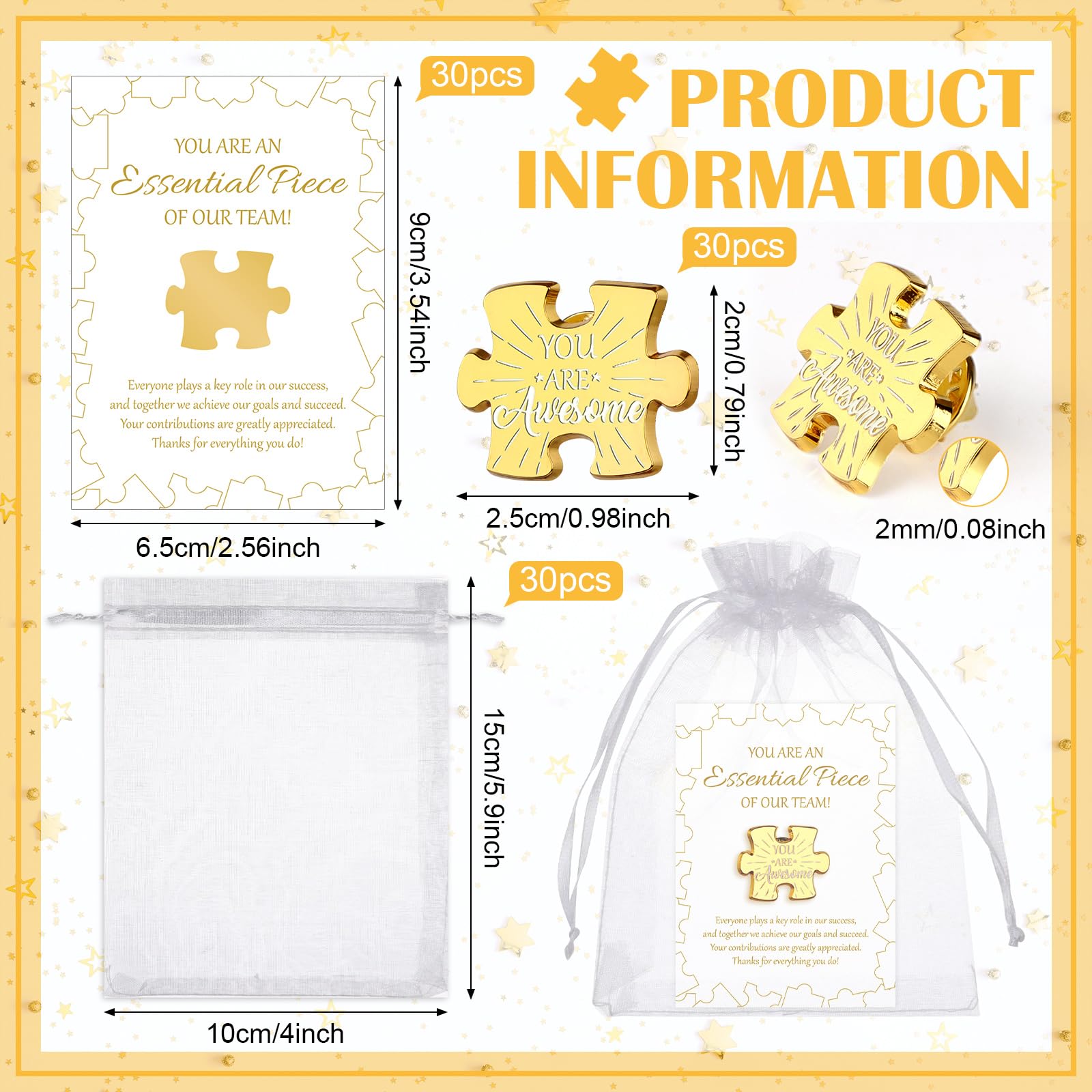 15/30/50 Set Employee Appreciation Gifts Team Puzzle Piece Lapel Pins with Thank You Cards Organza Bags Employee of the Month Badge Brooch Bulk Inspirational Small Gifts for Coworker Staff (30) - Image 2