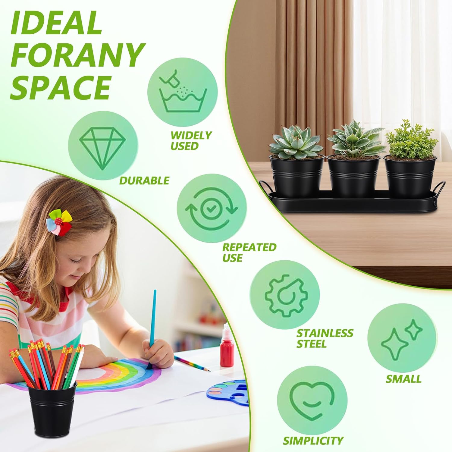 2 Sets Herb Planter with Tray Metal Herb Garden Planter with Drainage Farmhouse Windowsill Pots for Indoor Plants Flower Succulent Outdoor Kitchen Apartment Balcony Window (Black)