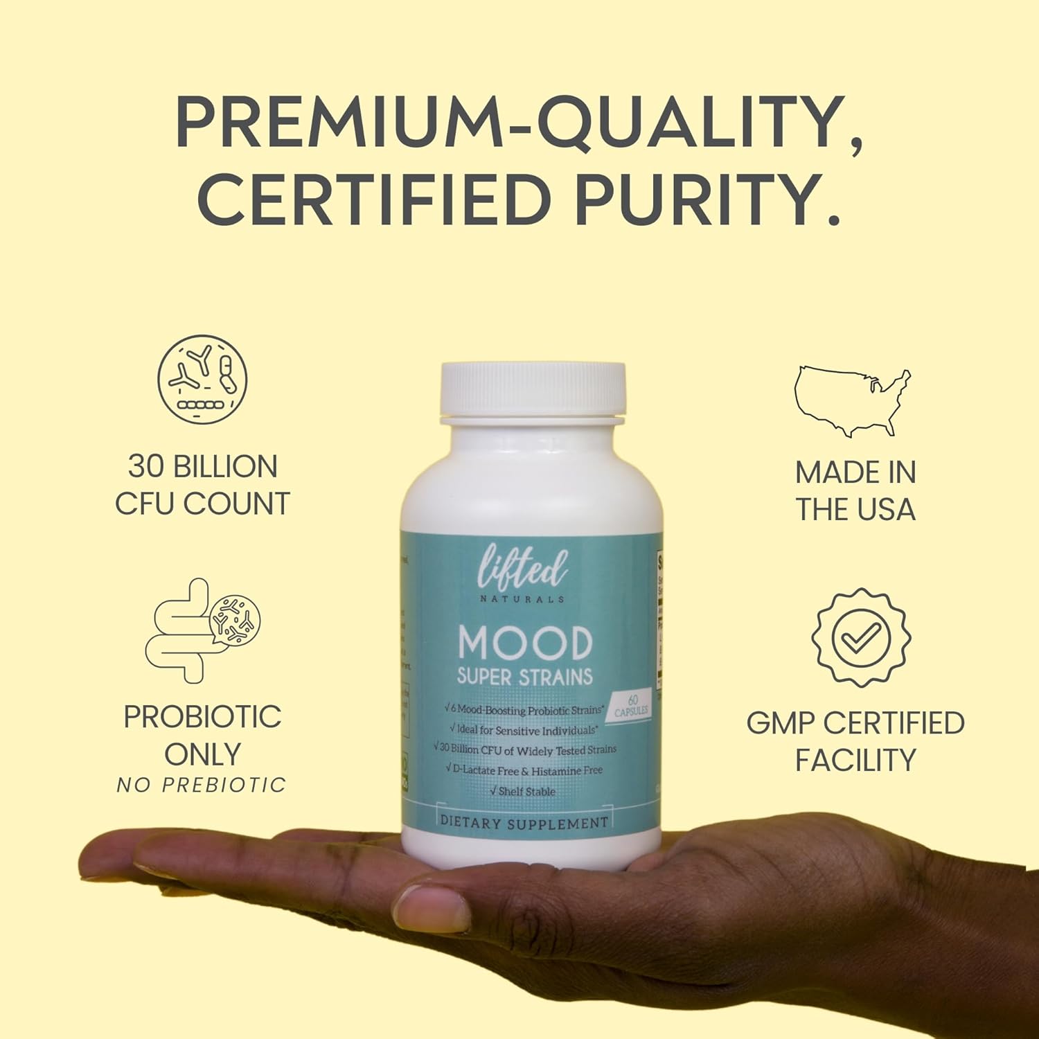 Probiotics - Mood Super Strains Probiotic - Naturally Supports Digestion & Mood - Histamine-Free Probiotics w/ L Rhamnosus GG, Shelf Stable Probiotic Supplement, 60 Day Supply, Non-GMO, VEGAN - Image 2