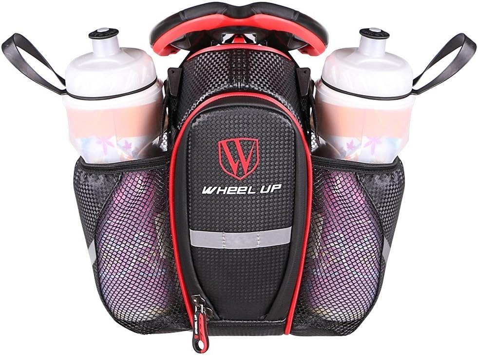 Bike Saddle Bag, Waterproof Carbon Fiber Rear Under Seat Bike Storage Saddle Bag, Double Water Bottle Pocket Pouch Bicycle Tail Pack with Reflective Strip for Mountain MTB Bike Riding Cycling
