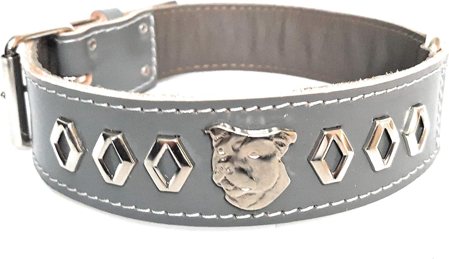 Staffy Grey Leather Dog Collar with Decorative Design and Staffordshire Bull Terrier Head Motif 1.5" Wide (Large: 20" - 24")