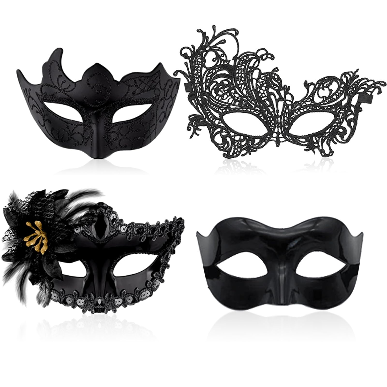 RoadLoo Máscara Mascarada Parejas, 4 Piezas Máscara Veneciana Negro Mujer Hombre Media Cara Máscara Antifaz Sexy para Mascarada Halloween Carnaval Fantasma de la Ópera Máscara