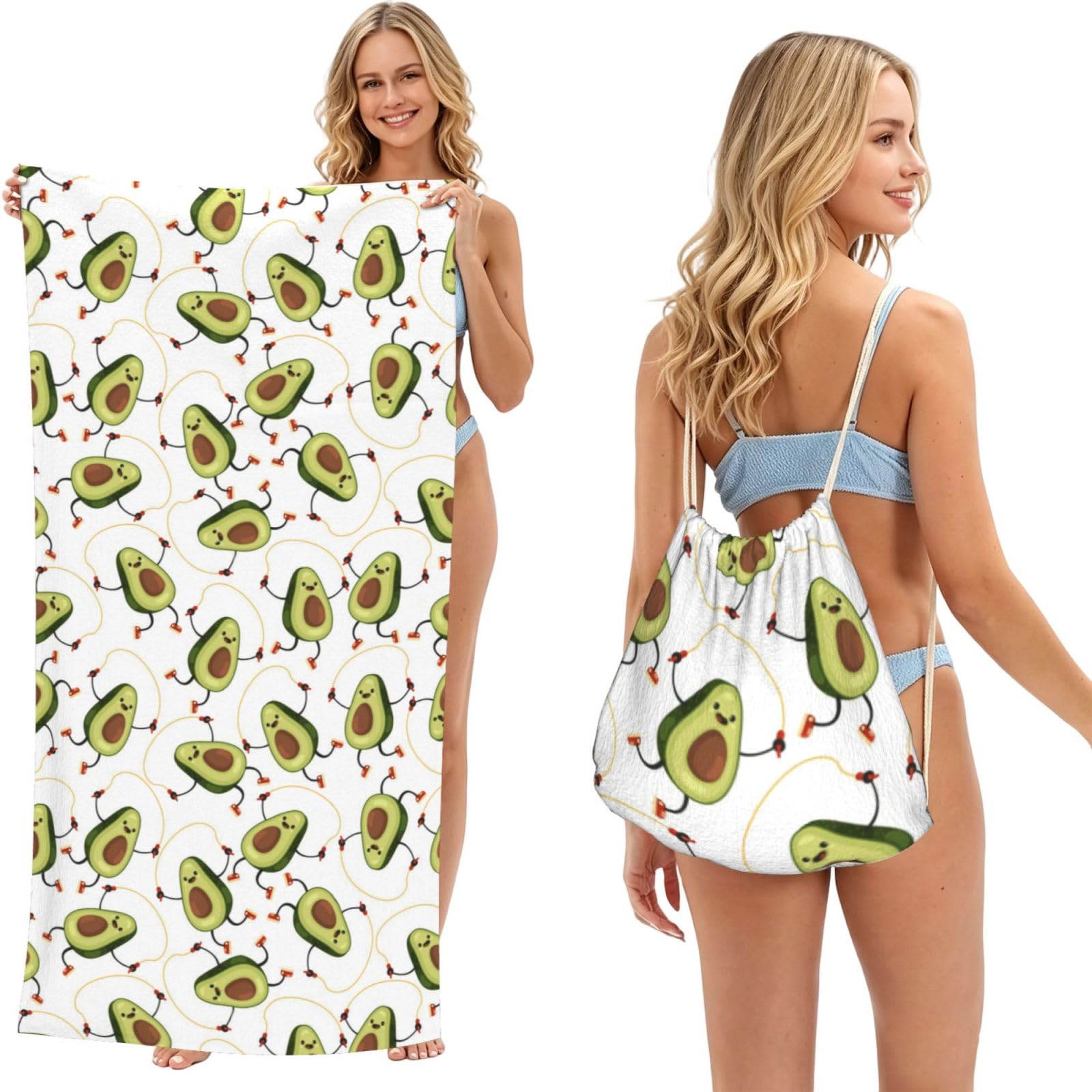 Poadnly As Picture Cute Avocados, 2 In 1 Packable Towel Bag, Beach Towels With Drawstring Backpack For Travel Holiday Camping