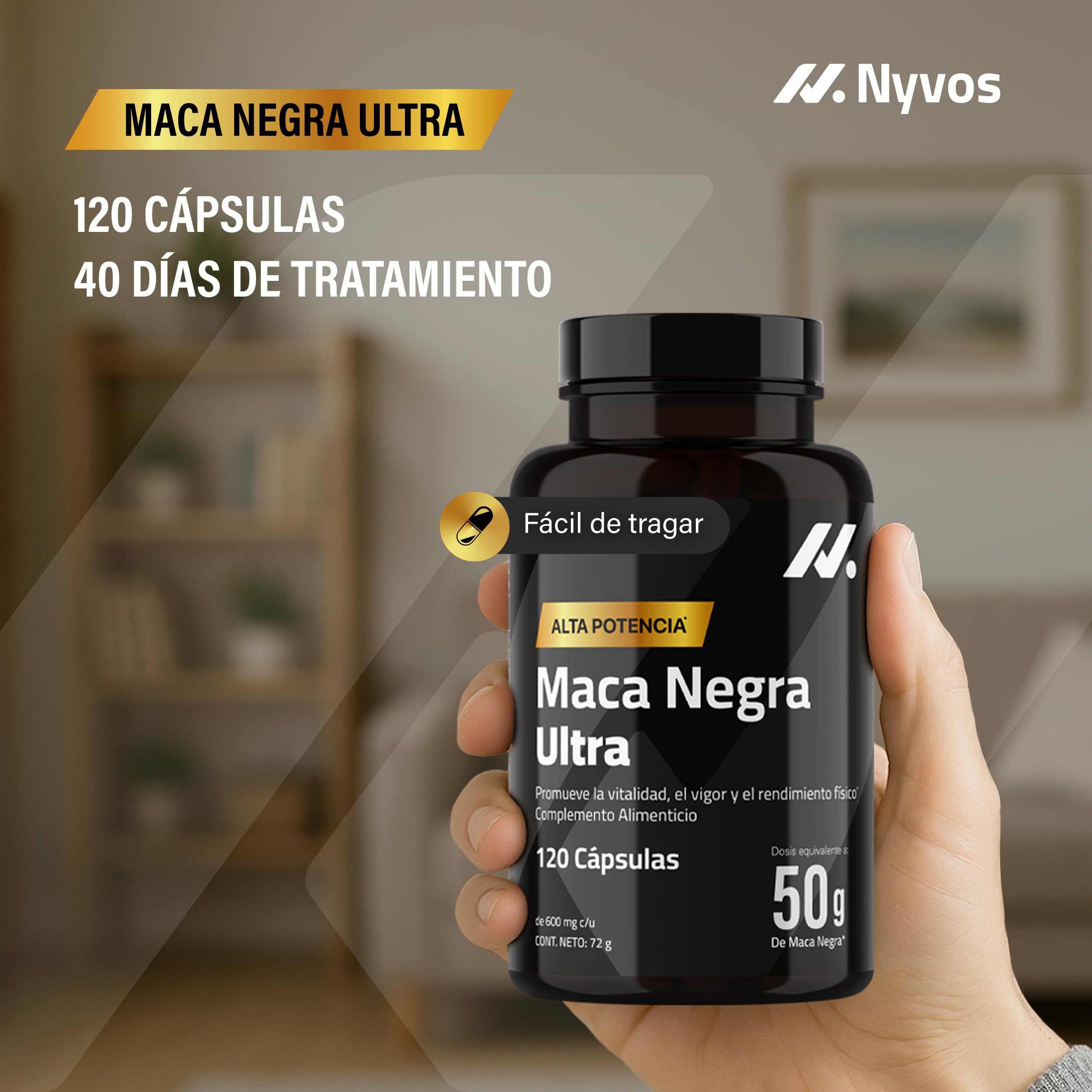 Maca Negra Ultra 50.000 mg (concentrado 100:1) - Vitalidad Masculina y Energía - con Extracto estandarizado, Zinc, B6 y Calcio - vegano, sin cafeína - 120 Cápsulas - Nyvos
