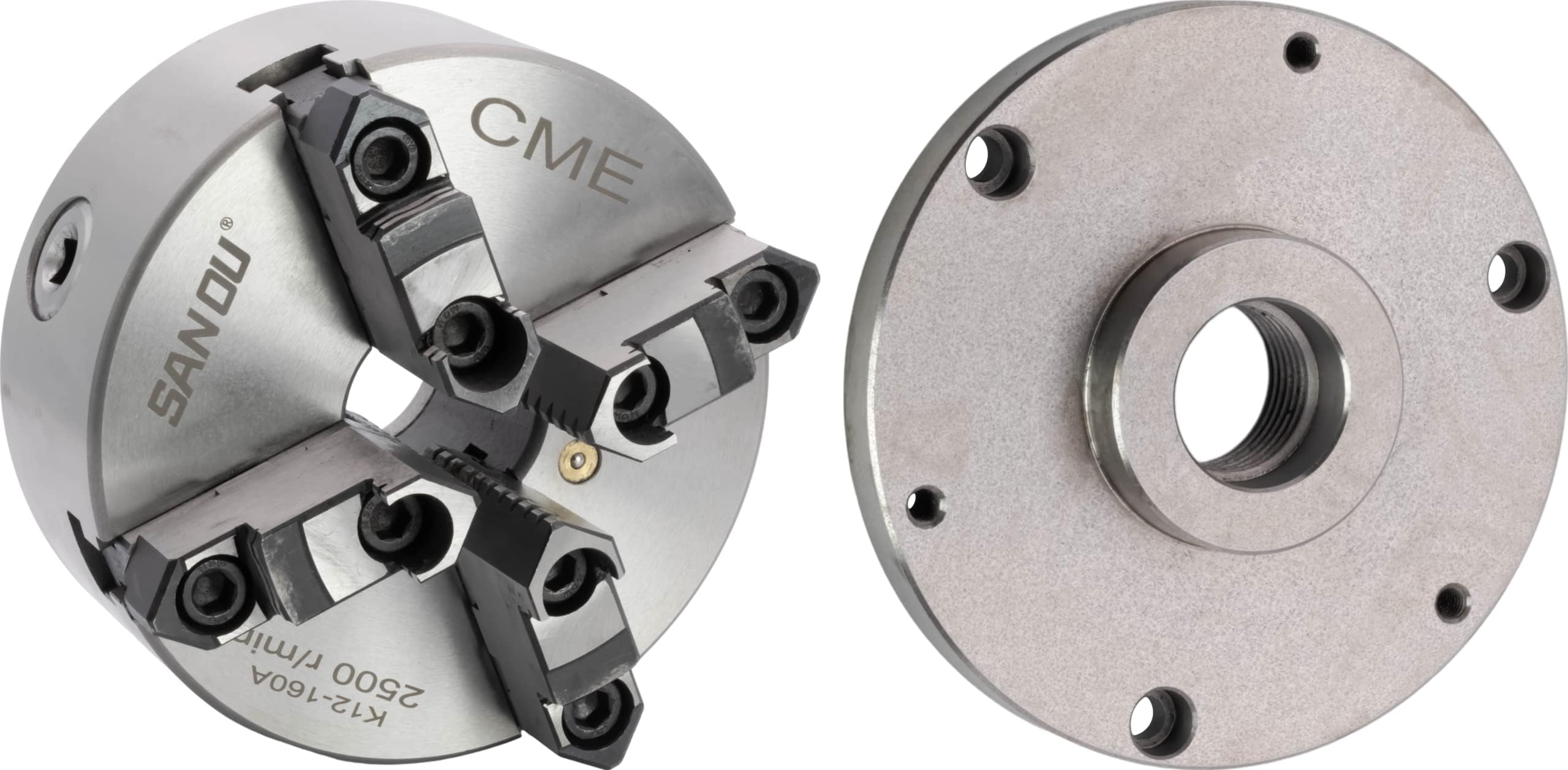 CME 6" 4-Jaw Self-Centering (Scroll) Lathe Chuck with 1 1/2"-8 Threaded Backing Plate, Two-Piece Reversible Jaws