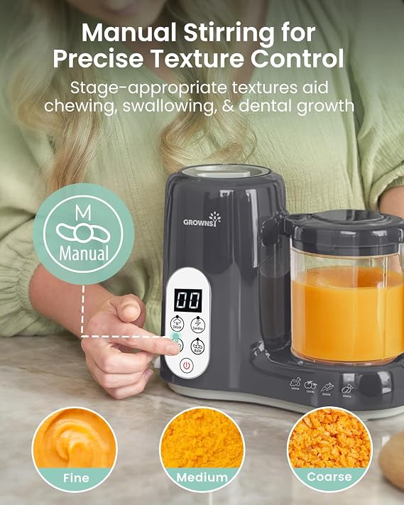Grownsy Baby Food Maker, Steamer & Blender Baby Food Processor, Dark Grey | BPA-Free Elevated Steam Basket, Healthy Homemade Baby Food Purees, Starting Solids & BLW, Baby Feeding Essentials, 6+ Months