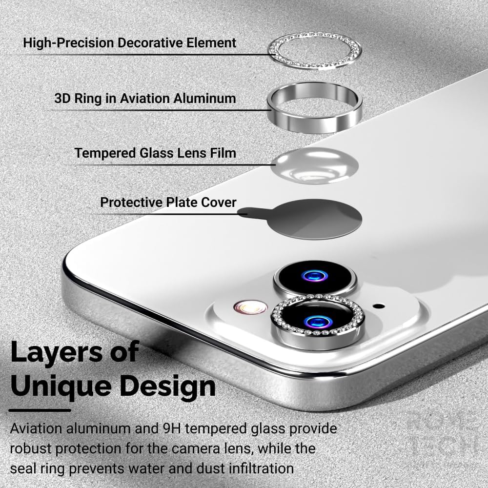 for Apple iPhone 14 Camera Lens Protector - Compatible with iPhone 14, 15, Plus Lens Protector Cover - Silvery Diamond