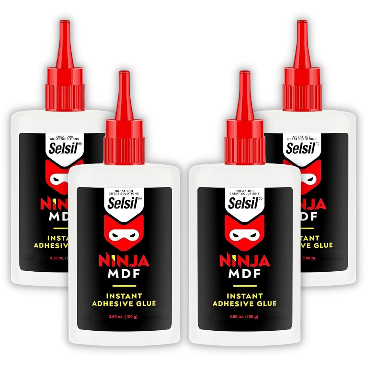 SELSIL Ninja Super Glue Cyanoacrylate Adhesive for Wood, Glass, Metal, Leather, Plastic, Rubber, Ceramic, Paper - Clear & Strong & Fast One Component Glue 3.5 oz 100 g (Pack of 4)
