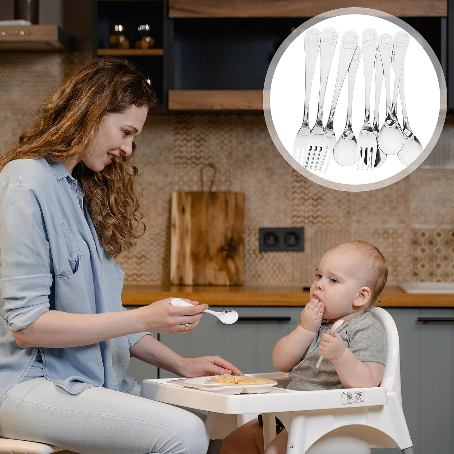 Zerodeko 5 Sets Utensil Set with Bear Embossed Handles Stainless Steel Forks and Feeding Spoons Safe Rounded Tines Lightweight and Flatware Dishwasher Safe for Independent Eating