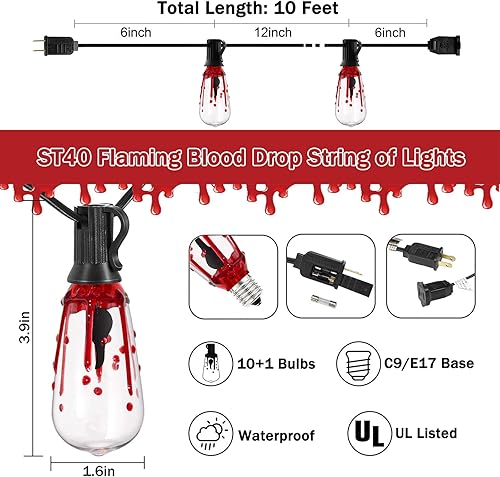 Miniatura 2 de Luces decorativas de Halloween, tira de luces parpadeantes de 10 pies con 10 bombillas LED ST40 de llama parpadeante, luces espeluznantes al aire