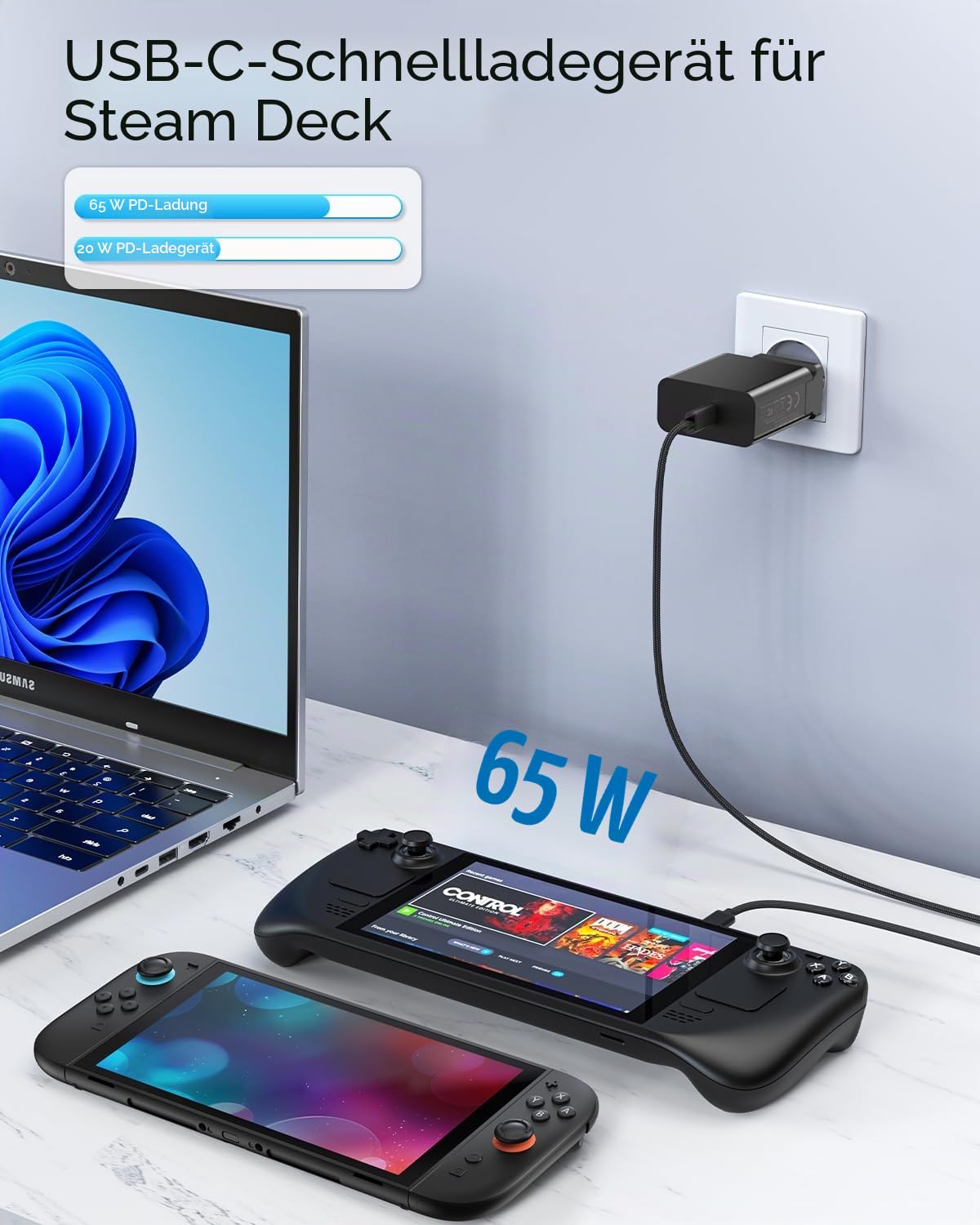 65W Schnellladegerät für Steam Deck, Nintendo Switch 2 & ROG Ally – PD3.0-klappbarer Netzadapter mit 6.6FT(2M) USB-C-Kabel, Switch 2/Steam Deck OLED/ROG Ally X Ladegerät unterstützt TV-Dock(6.6FT) | Faltbarer Netzadapter PD3.0 mit USB-C-Kabel von 2 m/6,6