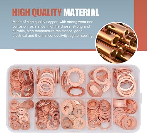 Miniatura 4 de Zosgrew - Juego de 200 piezas de arandelas de cobre para aplastar métricas para auto, 9 tamaños de sellos de tapón de bandeja de aceite de cobre,