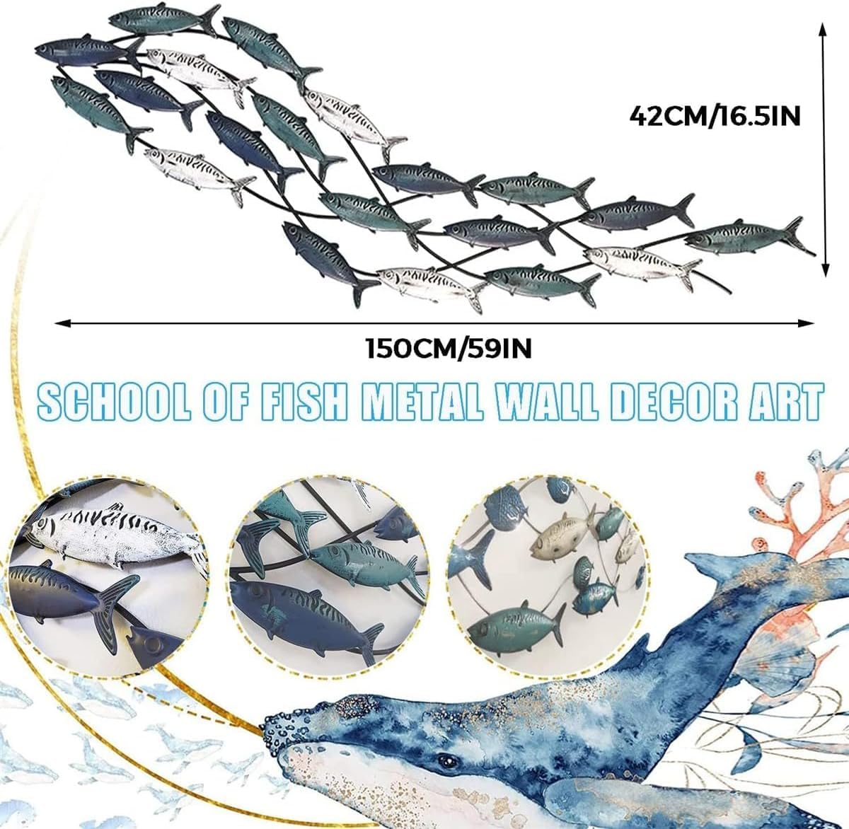 Decorazione da Parete in Metallo, Decorazione da Appendere a Forma di Pesce 3D, Grande Ferro Blu, Oceano costiero, Mare, Pesce in Metallo, Decorazione da Parete, per Soggiorno, Camera da Letto