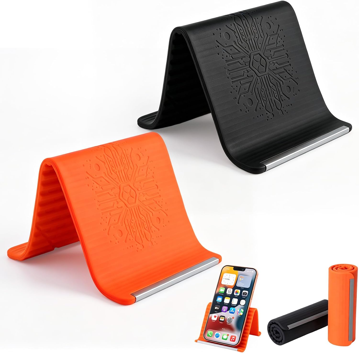 2Pack Flexible Silicone Phone Holder,New Portable Foldable Flexible Silicone Phone Stand,Bendable Rollable Foldable,Universal Adjustable Anti-Slip Desktop PhoneMount for Desk & Travel (Black+Orange)