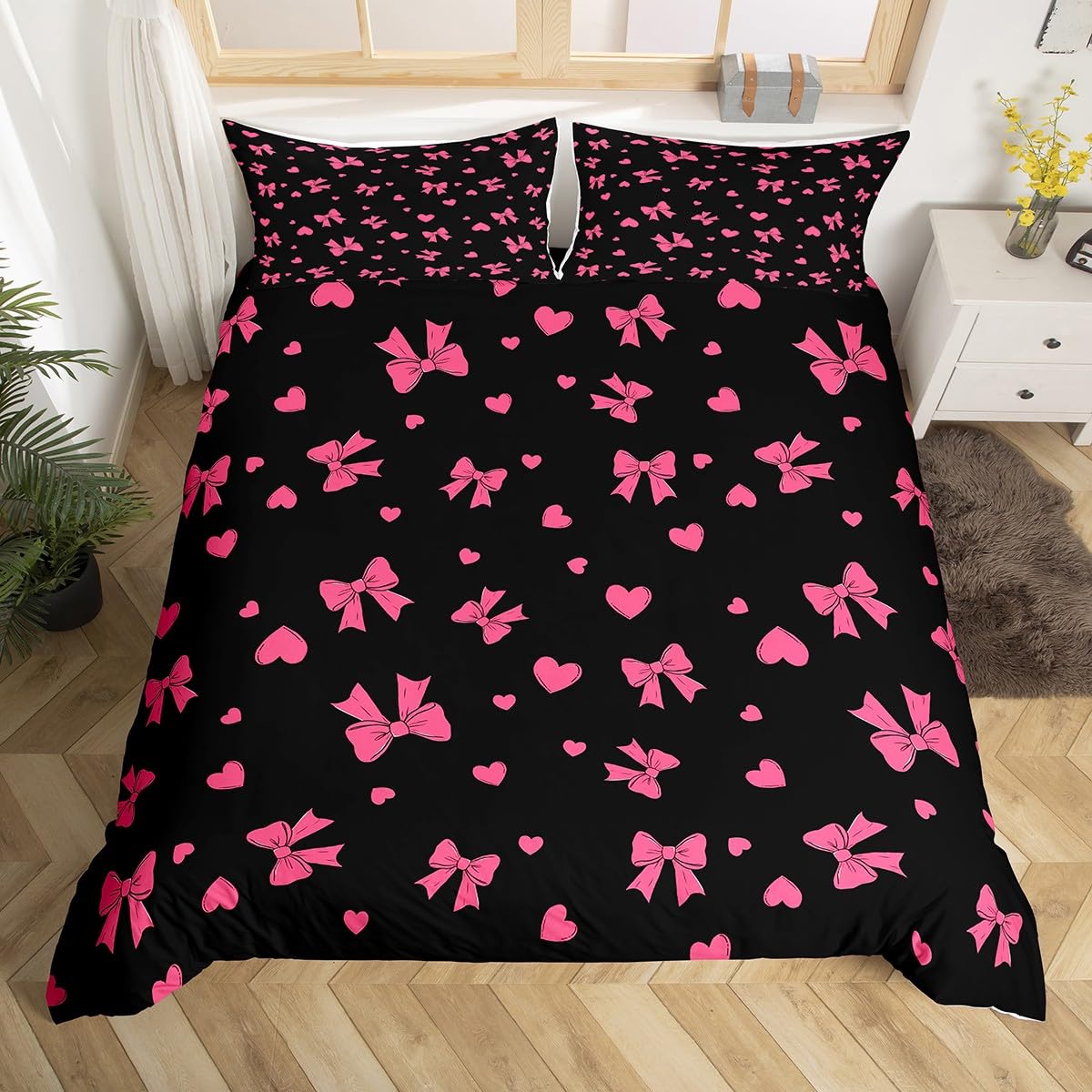 Homemissing Black Pink Bowknot Duvet Cover Set Cot Size For Kids Girls Teens Bedroom Cute Bow Bedding Set Bow Ribbon Comforter Cover with 1 Pillowcase - Image 3