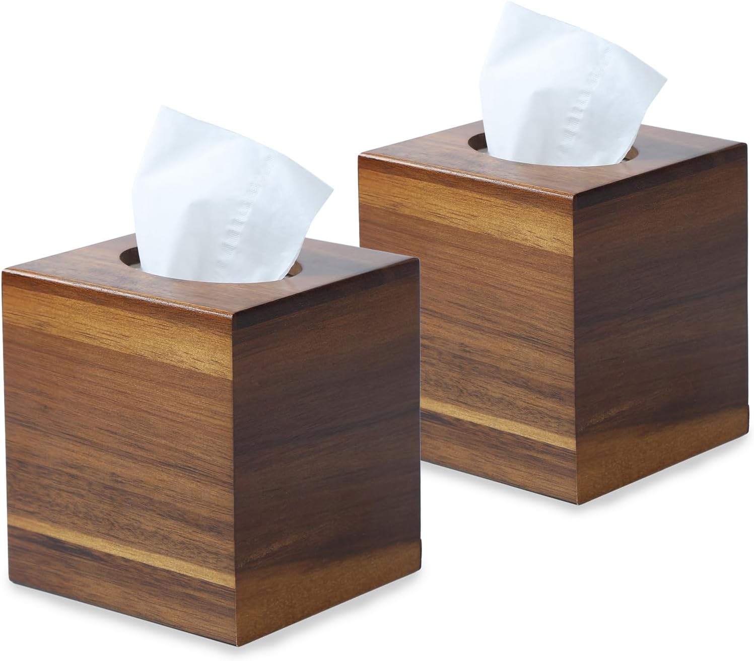 YANGQIHOME 2 Pack Tissue Box Cover Square, Acacia Wood Tissue Holder for Bathroom, Living Room, Dining Table, Decorative Cube Facial Tissue Box Cover, 5.3 x 5.3 x 6.1 inches