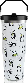 30oz Panda Tumbler with Handle and Straw, Insulated Leak Proof Travel Coffee Mug, Reusable Stainless Steel Coffee Tumbler, Panda Gifts for Women,Girls white green
