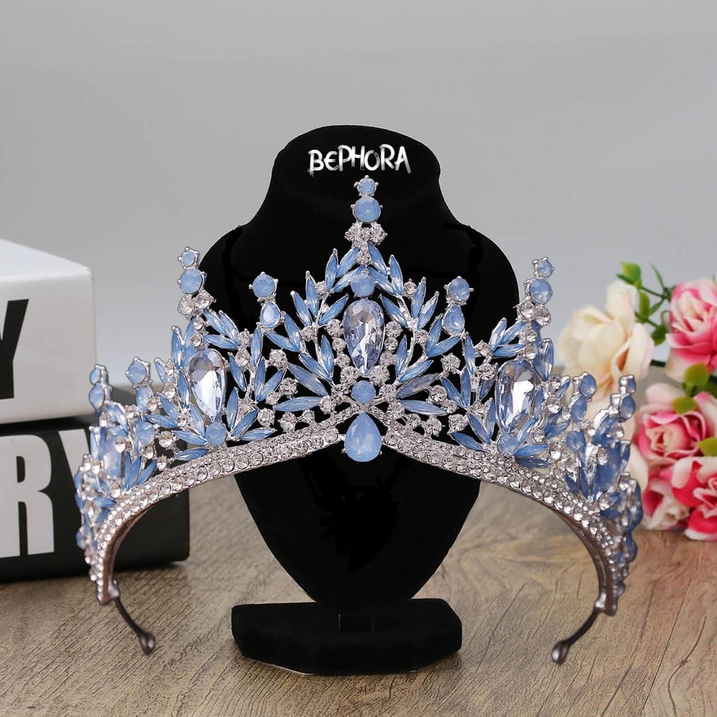 Light Blue Opal Silver Tiara Jewelry Set with Necklace & Earrings – Bridal Crown in Luxury Gift Box for Weddings & Prom