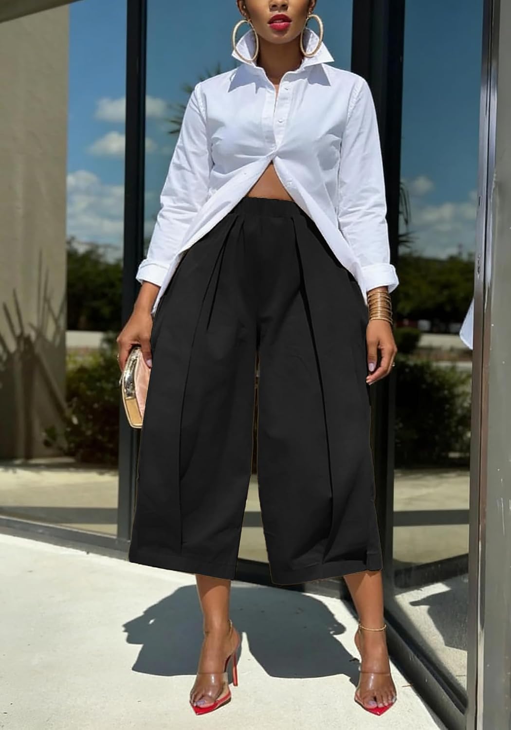 Women Wide Leg Capri Dress Pants High Waisted Barrel Balloon Pleated Baggy Cropped Casual Work Trousers with Pockets